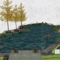 Serene Garden Ornaments With Pond Golden Trees Rocks Urns And Stone Path