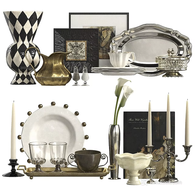 Elegant Decorative Ornament Set With Vase Plate Candle Holder And Cup 3d model 