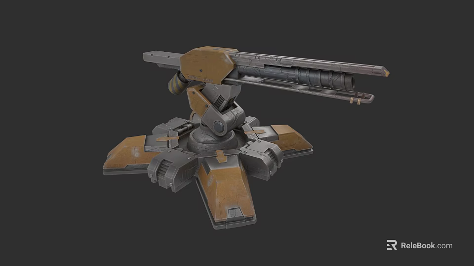 Mechanical Automated Turret Weapon With Metallic Structure And Brown Gray Base 3d model 
