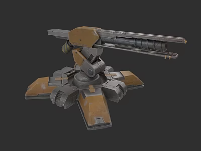 Mechanical Automated Turret Weapon With Metallic Structure And Brown Gray Base 3d model