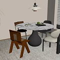 Modern Dining Room With Round Marble Table Chairs Pendant Light And Green Plant