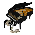 Elegant Black Grand Piano Musical Instrument With Stool And Sheet Music