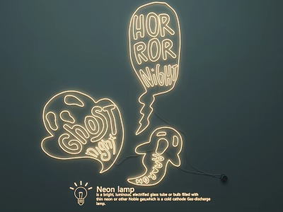 Neon Lamp Set With Ghost Balloon Shape And Horror Night Text Decorative 3d model