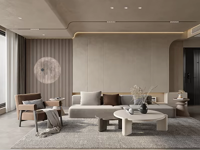 Modern Neutral Living Room Interior With Beige Sofa Round Coffee Table Accent Chair And Soft Lighting 3d model