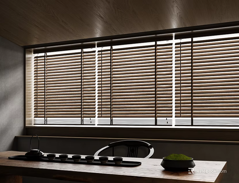 Wooden Venetian Blinds In Cozy Room Interior With Window Table Green Plant And Chair 3d model 