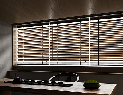 Wooden Venetian Blinds In Cozy Room Interior With Window Table Green Plant And Chair 3d model