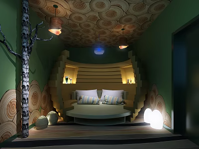 Hotel Room Interior Design With Green Walls Spiral Wood Grain Ceiling And Tree Stump Bed 3d model