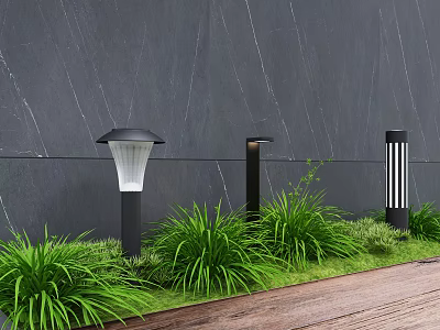 Modern Outdoor Garden Lights With Green Grass And Wooden Deck Against Gray Wall 3d model
