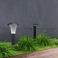 Modern Outdoor Garden Lights With Green Grass And Wooden Deck Against Gray Wall