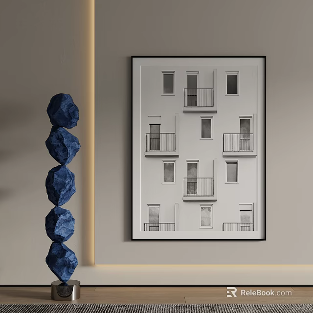 Architectural Landscape Art With Blue Stone Decor And Wall Lighting 3d model