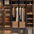 Modern Glass Door Wardrobe With Clothing Hanging Area And Wooden Storage Shelves