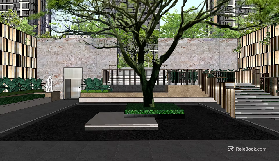 Modern Garden Landscape Design With Large Tree Stone Wall Steps And Green Plants 3d model 
