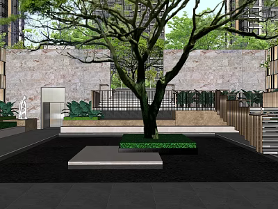 Modern Garden Landscape Design With Large Tree Stone Wall Steps And Green Plants 3d model