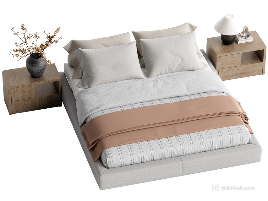 Double Bed with Gray Brown Bedding Side Tables Black Vase Dried Flowers White Lamp Book 3d model 