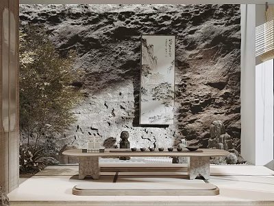 Chinese Style Tea Table and Chairs with Rock Wall Backdrop Scroll Painting and Stone Statues 3d model