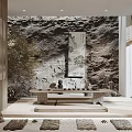 Chinese Style Tea Table and Chairs with Rock Wall Backdrop Scroll Painting and Stone Statues
