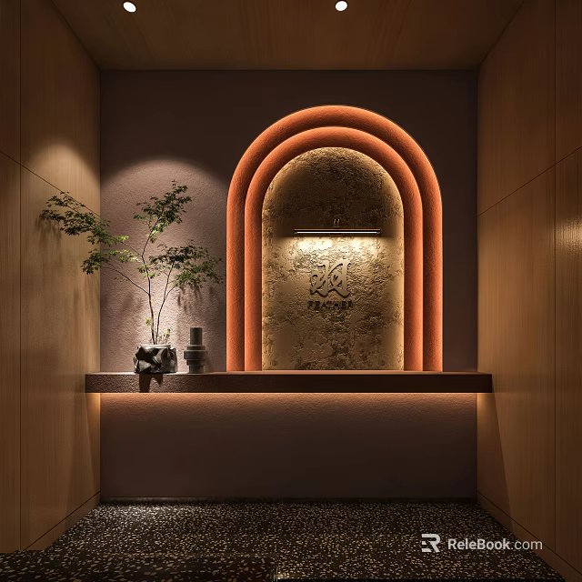 Elegant Arched Wall With Warm Illuminated Edges Textured Stone Surface And Decorative Plant On Platform 3d model 