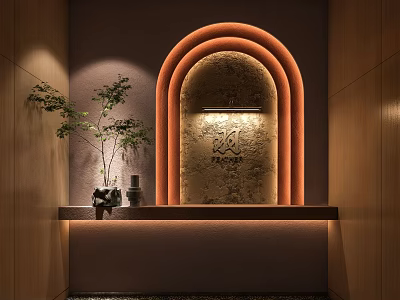 Elegant Arched Wall With Warm Illuminated Edges Textured Stone Surface And Decorative Plant On Platform 3d model