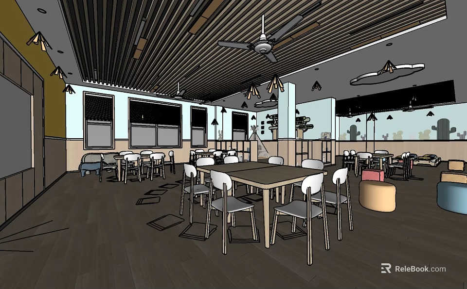 School Cafeteria Interior With Wooden Ceiling Ceiling Fans Pendant Lights Windows And Dining Tables 3d model 