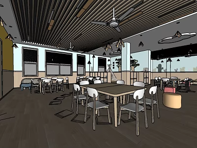 School Cafeteria Interior With Wooden Ceiling Ceiling Fans Pendant Lights Windows And Dining Tables 3d model