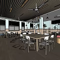 School Cafeteria Interior With Wooden Ceiling Ceiling Fans Pendant Lights Windows And Dining Tables 3d model