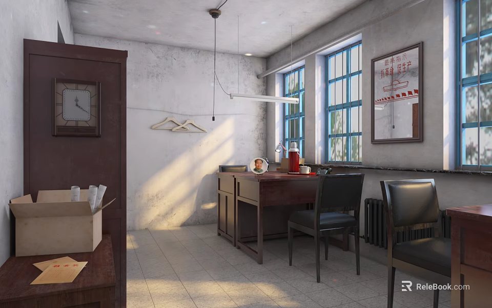 Industrial Office Interior With Concrete Walls Wooden Desk Black Chairs And Windows 3d model 