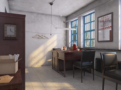 Industrial Office Interior With Concrete Walls Wooden Desk Black Chairs And Windows 3d model