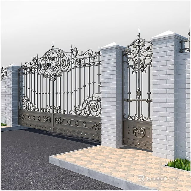 Double Door Wrought Iron Gate With Ornate Patterns And White Brick Pillars 3d model
