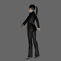 A Woman in Black Suit and White Shirt with Arms Outstretched Against Gray Background