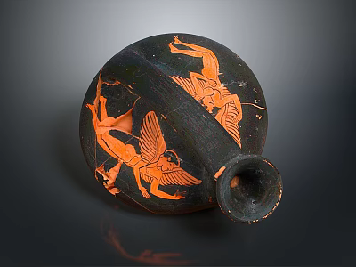Ancient Black Vase with Intricate Orange Sculpted Mythological Figures and Winged Creatures 3d model