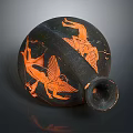 Ancient Black Vase with Intricate Orange Sculpted Mythological Figures and Winged Creatures