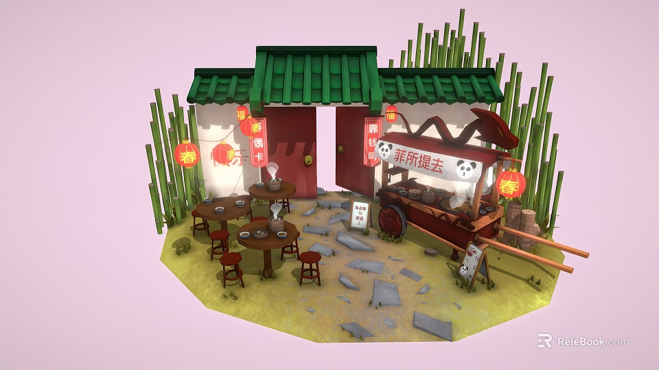Cartoon Chinese Building Scene with Green Roof Red Door Lanterns Bamboo Cart and Stone Tables 3d model 