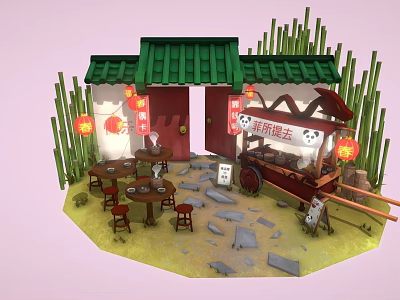 Cartoon Chinese Building Scene with Green Roof Red Door Lanterns Bamboo Cart and Stone Tables 3d model
