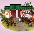 Cartoon Chinese Building Scene with Green Roof Red Door Lanterns Bamboo Cart and Stone Tables