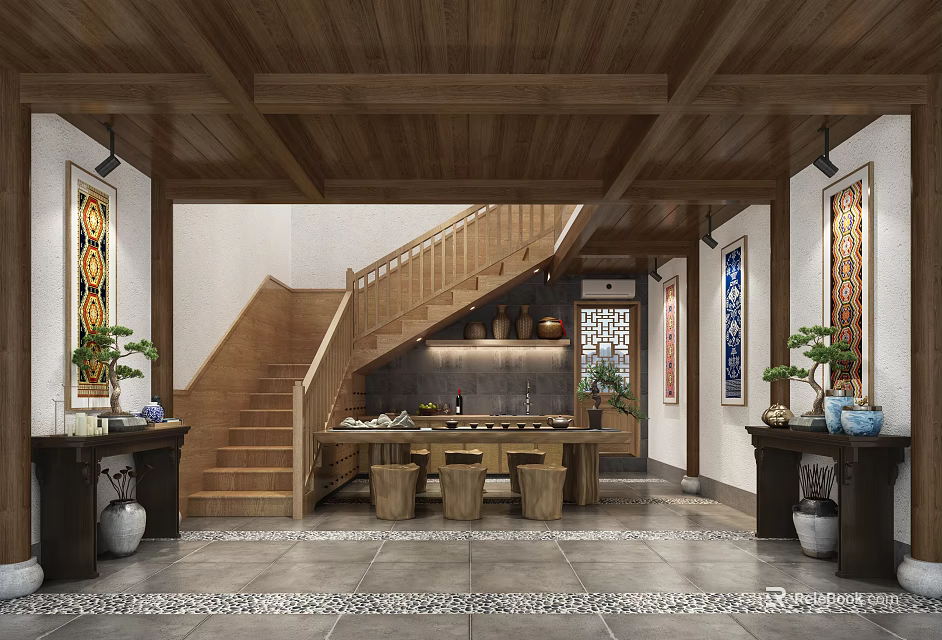 Chinese Style Interior With Wooden Staircase Dining Table And Traditional Decorations 3d model 