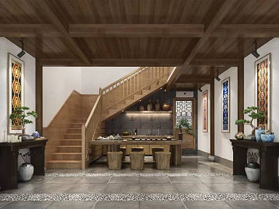 Chinese Style Interior With Wooden Staircase Dining Table And Traditional Decorations 3d model
