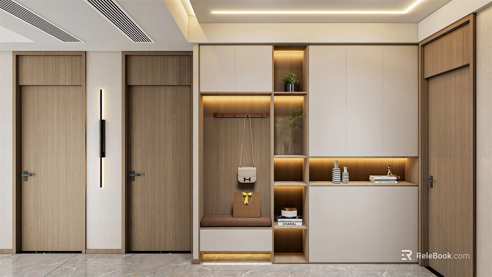 Modern Shoe Cabinet With Sleek Design Storage Compartments Hanging Hooks And Warm Lighting 3d model 