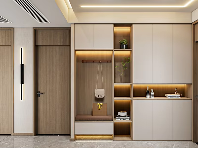Modern Shoe Cabinet With Sleek Design Storage Compartments Hanging Hooks And Warm Lighting 3d model