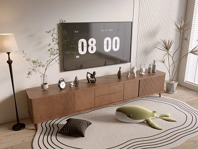 Wooden TV Stand Featuring TV Decorations Clock Green Plants Floor Lamp And Area Rug 3d model