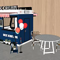 Blue Ice Cream Van With Signboard Colorful Balloons And Outdoor Seating
