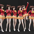 Game And Movie Characters In Red Blouses Yellow Skirts With Brown Pigtails And Various Poses