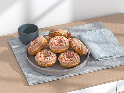 Tasty Glazed Donuts with Colorful Sprinkles on Wooden Table with Dark Cup and Blue Cloth 3d model