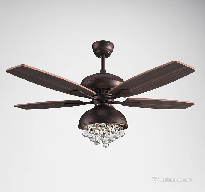 Elegant Ceiling Chandelier With Wooden Blades Bronze Finish And Crystal Accents 3d model 