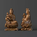 Two Hand Carved Bronze Tone Bodhisattva Sculptures Holding Child On Decorative Base