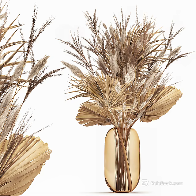 Dried Palm Leaves And Pampas Grass In Amber Glass Vase For Natural Decor 3d model 
