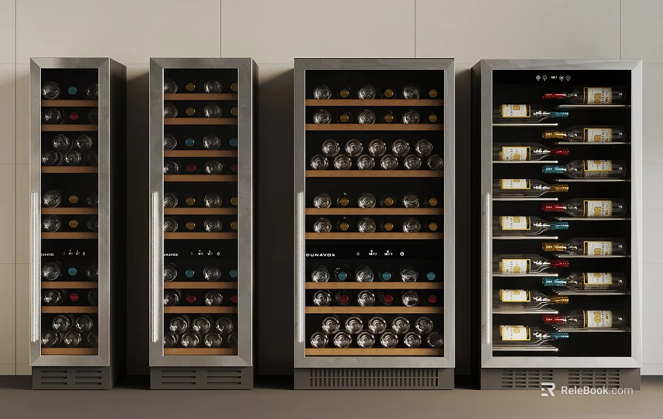 Modern Wine Coolers With Glass Doors Filled With Wine Bottles In Stainless Steel Design 3d model 