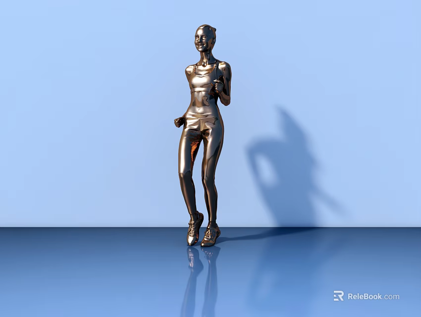 Silver Metal Human Sculpture With Dynamic Standing Pose On Reflective Floor 3d model