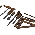 Vintage Hardware Tools Collection with Wooden Handles Chisels Pliers and Triangle Rulers