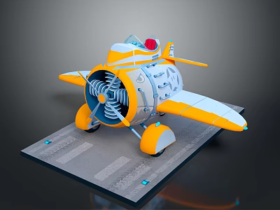 Yellow And White 3D Model Airplane With Propeller On Runway Platform 3d model