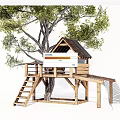 Wooden Tree House Structure With Platform Ladder And Net Under Big Tree 3d model